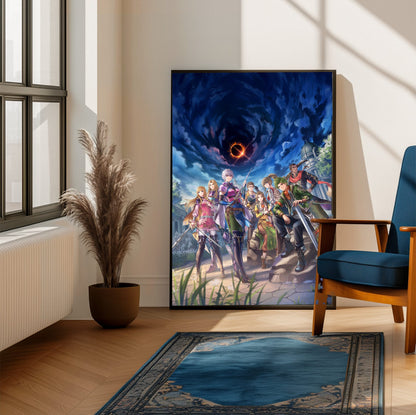 Romancing SaGa 3 Key Art poster framed beside a blue armchair in a sunlit room