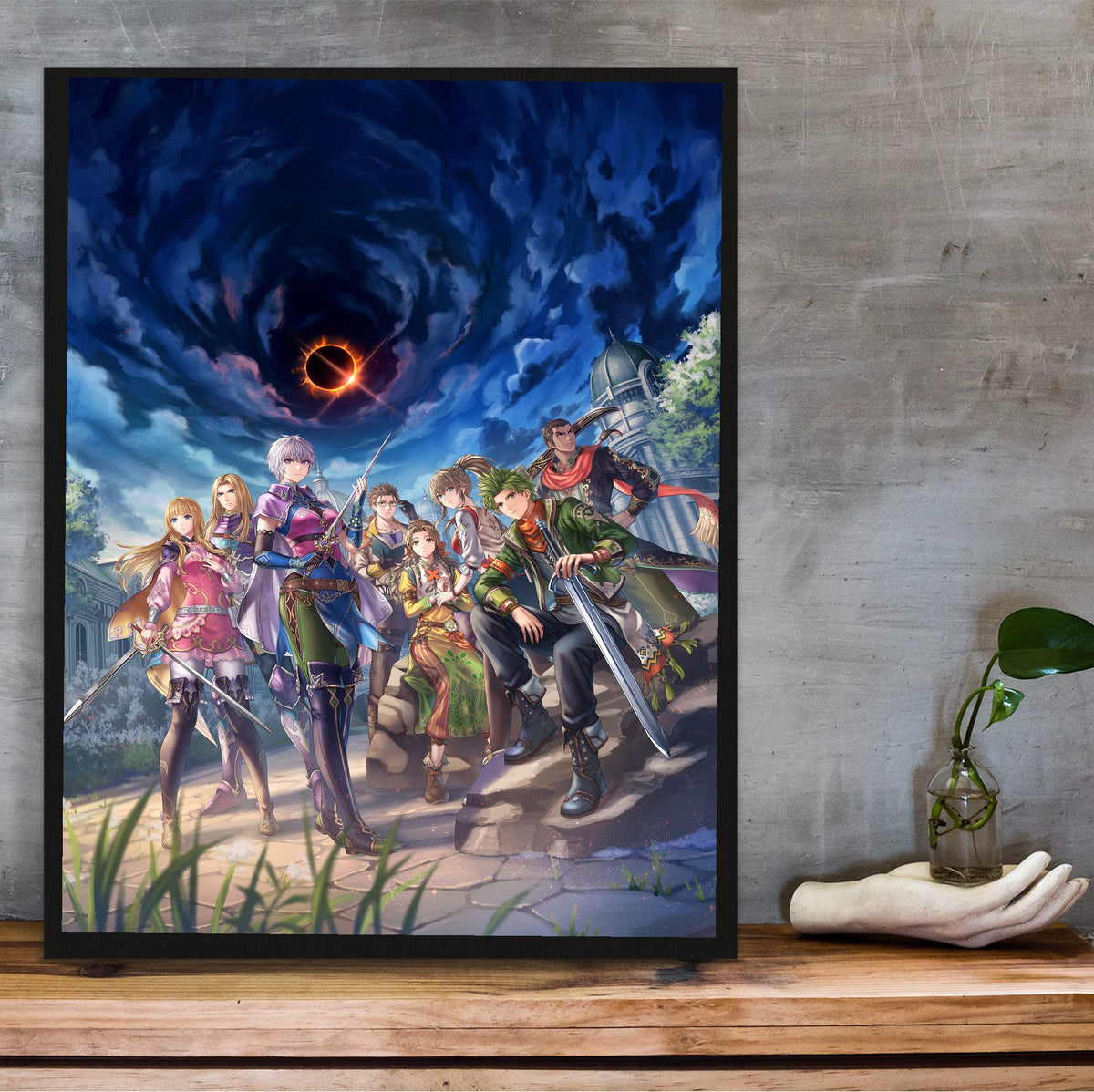 Romancing SaGa 3 Key Art poster in a black frame on a wooden shelf against concrete