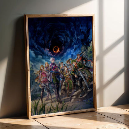 Romancing SaGa 3 Key Art poster in an oak frame leaning on a wooden floor