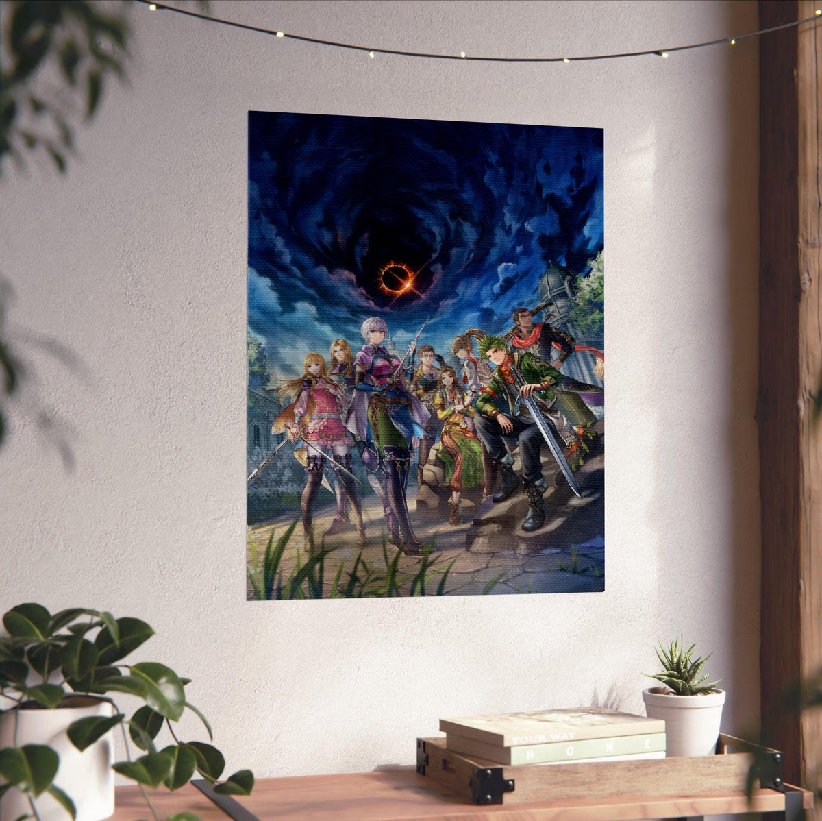 Romancing SaGa 3 Key Art poster unframed on a white wall above a desk