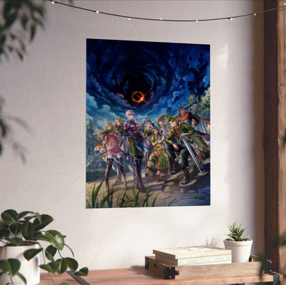 Romancing SaGa 3 Key Art poster unframed on a white wall above a desk