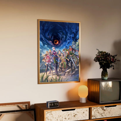 Romancing SaGa 3 Key Art poster in an oak frame above a sideboard