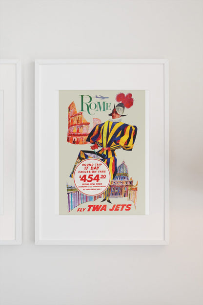 Rome Fly TWA Jets poster on a light wall