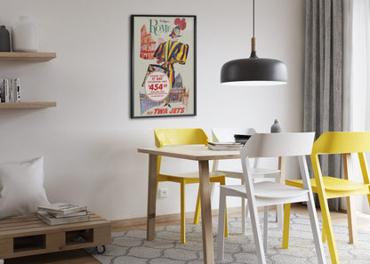Rome Fly TWA Jets poster framed above a dining table