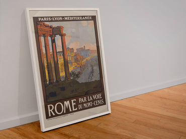 Rome Roman Forum at Dawn poster in a white frame leaning against a wall