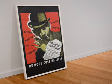 Rumors Cost Us Lives poster in a white frame leaning against a wall