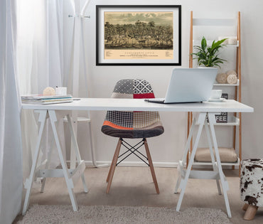 Sacramento 1849 Panoramic Map framed above a white desk in a home office