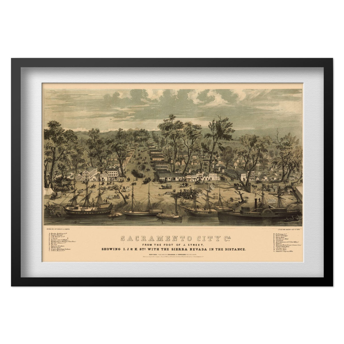 Sacramento 1849 Panoramic Map print in a black frame