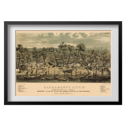 Sacramento 1849 Panoramic Map print in a black frame