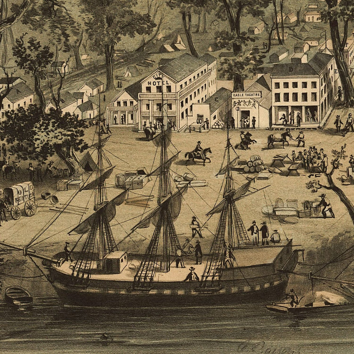 Close-up detail of the Sacramento 1849 Panoramic Map print