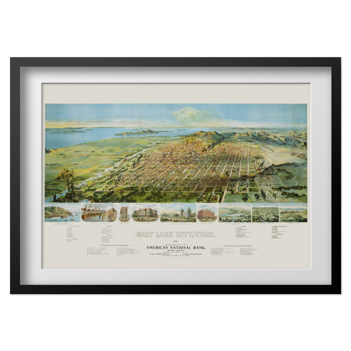 Salt Lake City 1891 Panoramic Map print in a black frame