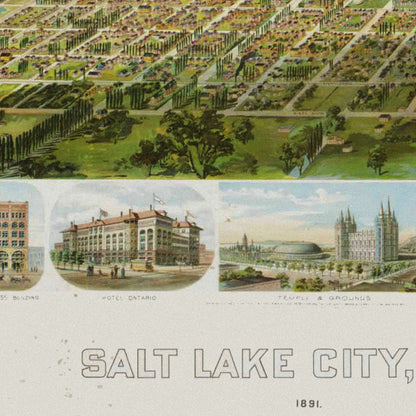 Close-up detail of the Salt Lake City 1891 Panoramic Map print