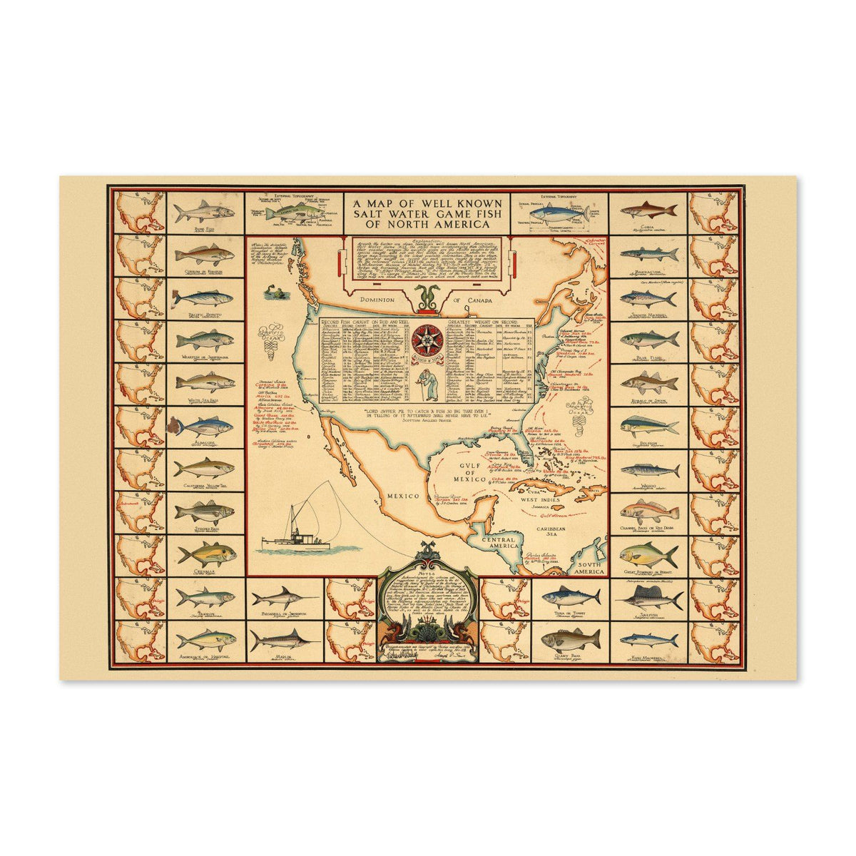 Saltwater Game Fishing 1936 Map vintage print