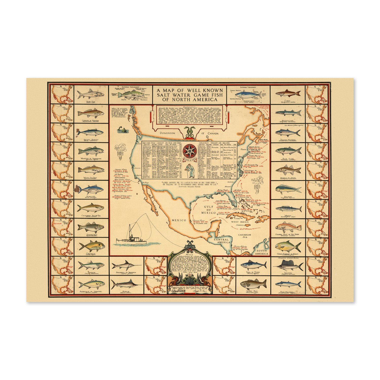 Saltwater Game Fishing 1936 Map vintage print
