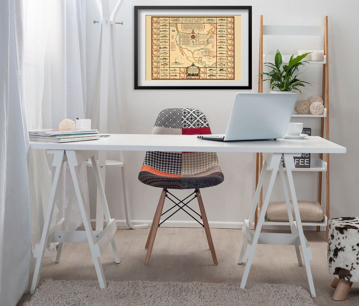 Saltwater Game Fishing 1936 Map print framed above a white desk in a home office