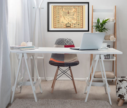 Saltwater Game Fishing 1936 Map print framed above a white desk in a home office