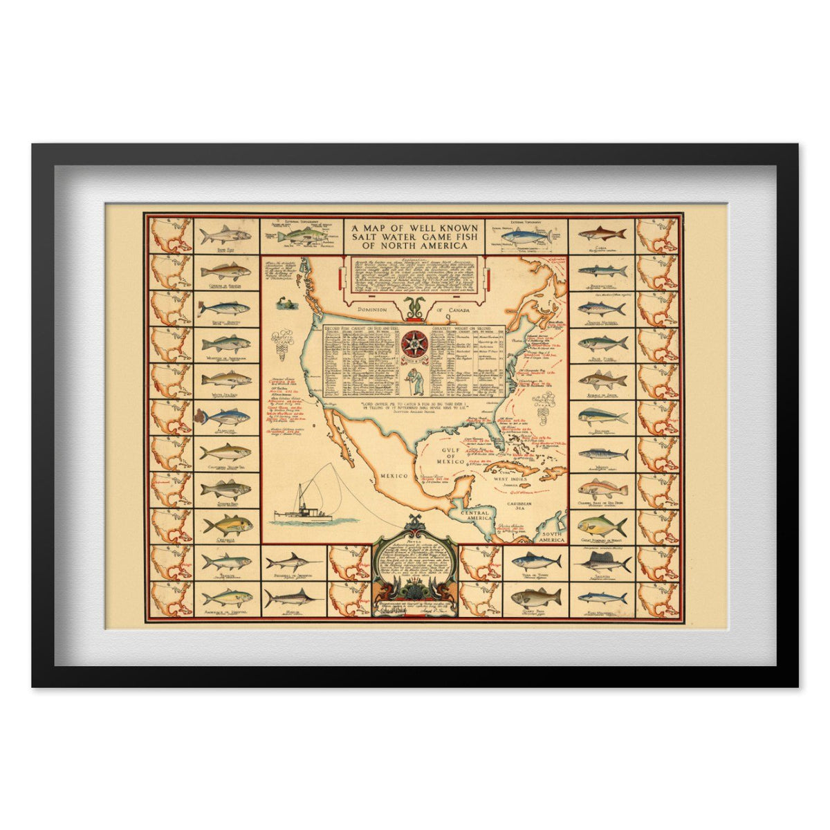 Saltwater Game Fishing 1936 Map print in a black frame with a white mat