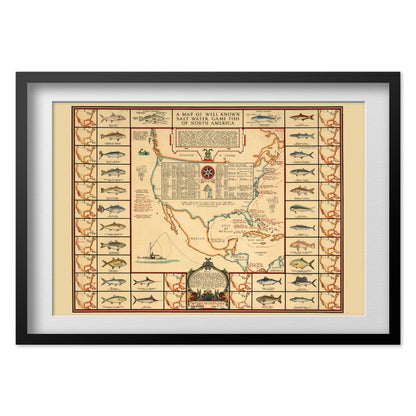 Saltwater Game Fishing 1936 Map print in a black frame with a white mat