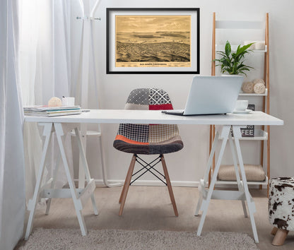 San Diego 1876 Panoramic Map framed above a white desk in a home office