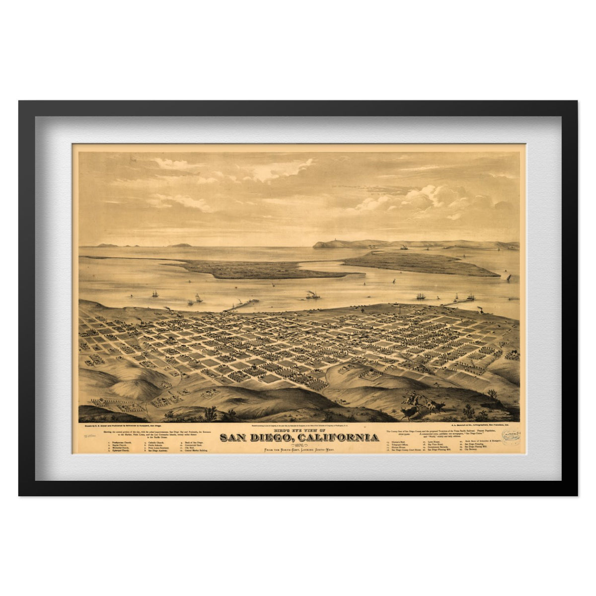 San Diego 1876 Panoramic Map print in a black frame