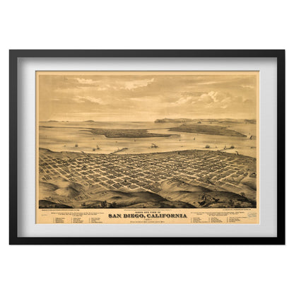 San Diego 1876 Panoramic Map print in a black frame