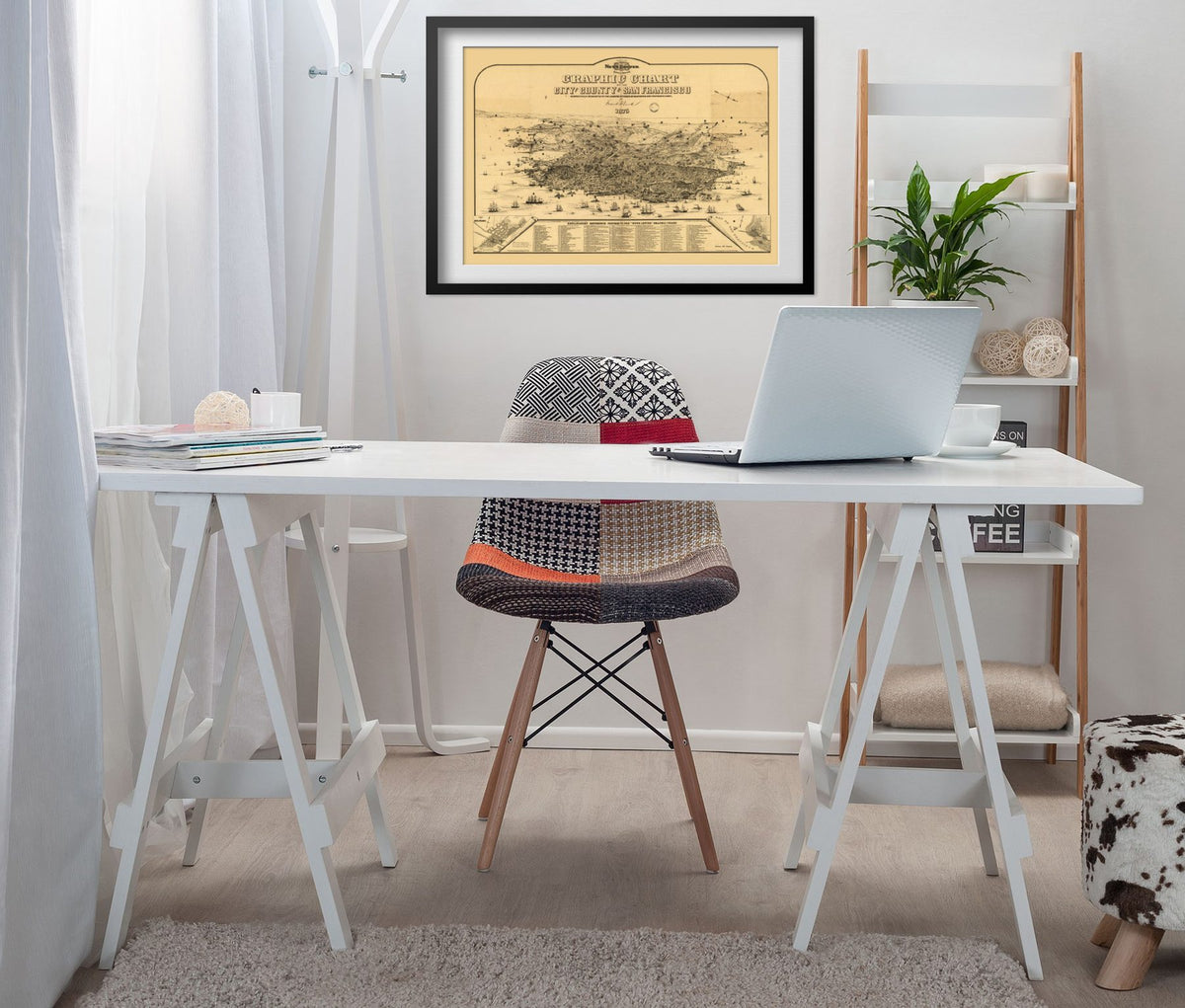 San Francisco 1875 Panoramic Map framed above a white desk in a home office
