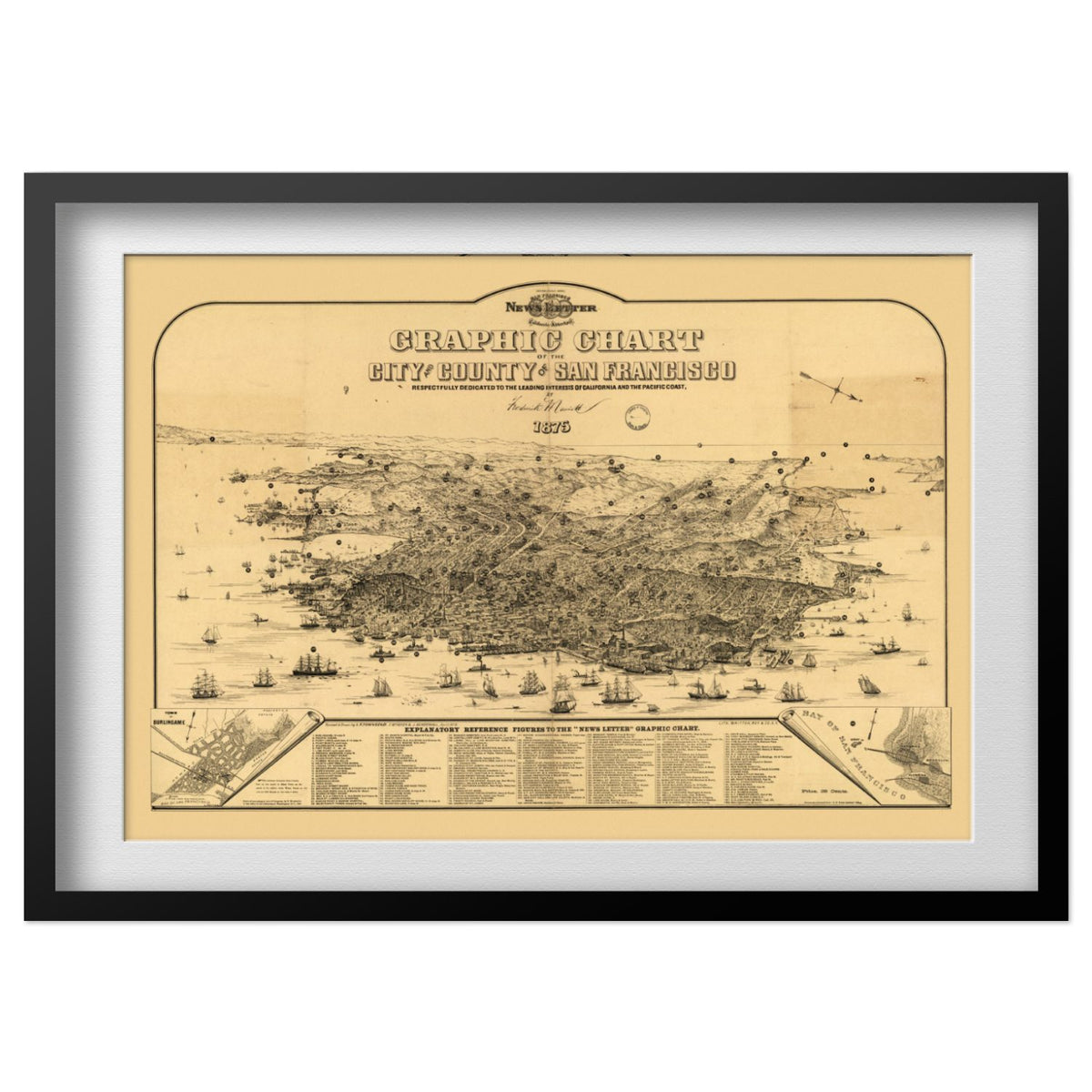 San Francisco 1875 Panoramic Map print in a black frame