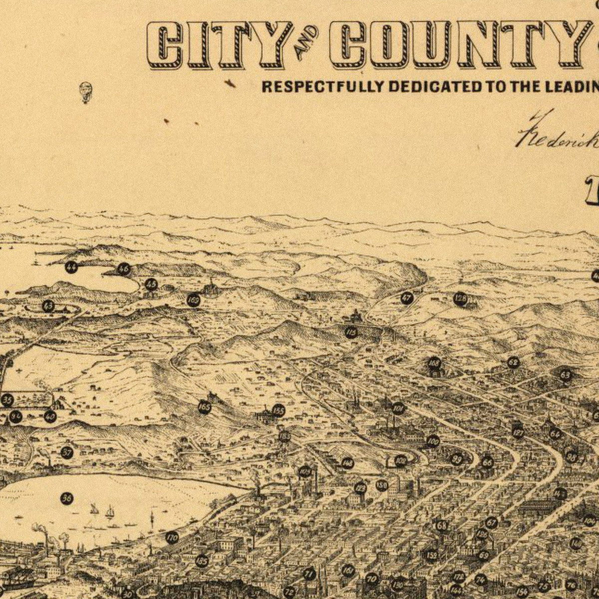 Close-up detail of the San Francisco 1875 Panoramic Map print