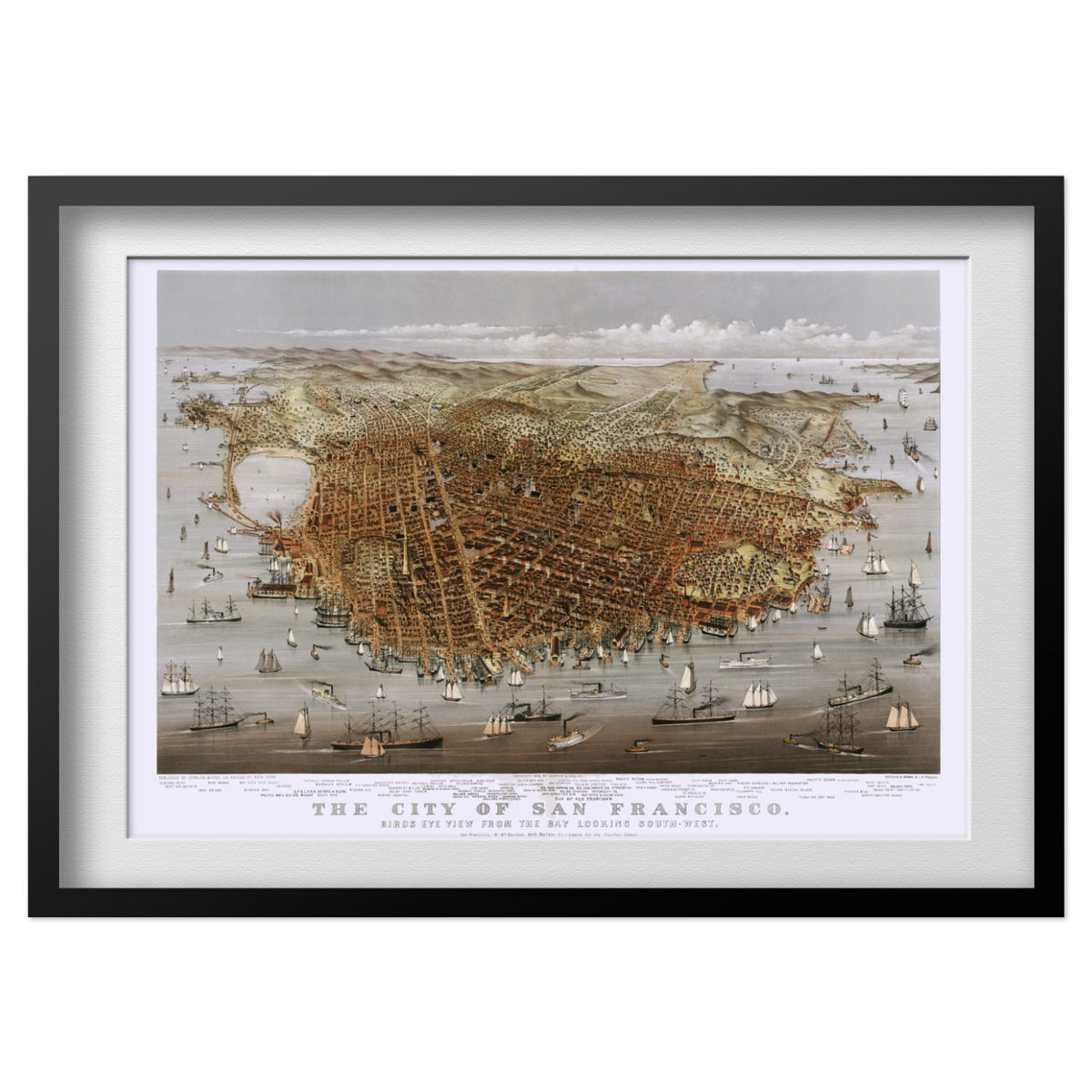 San Francisco 1878 Panoramic Map print in a black frame