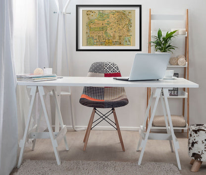 San Francisco 1927 Funny Map print framed above a white desk in a home office