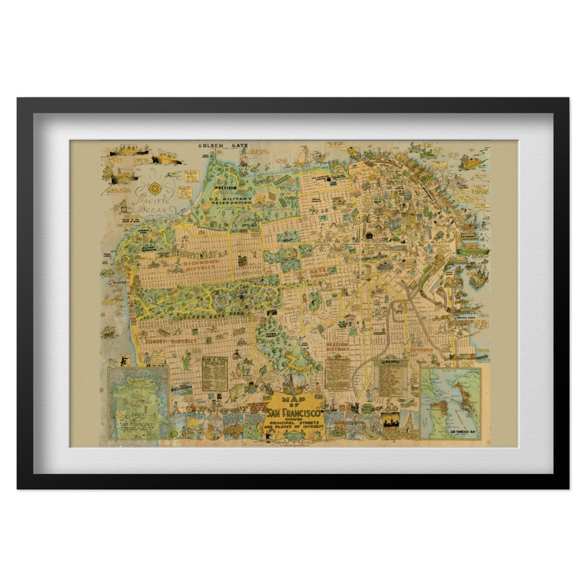 San Francisco 1927 Funny Map print in a black frame with a white mat