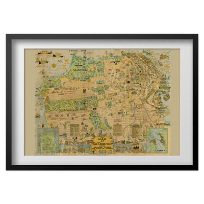 San Francisco 1927 Funny Map print in a black frame with a white mat