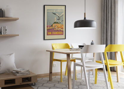 San Francisco American Airlines poster framed above a dining table