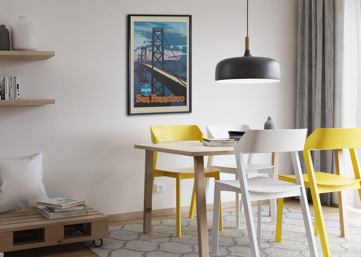 San Francisco Bay Bridge Santa Fe poster framed above a dining table