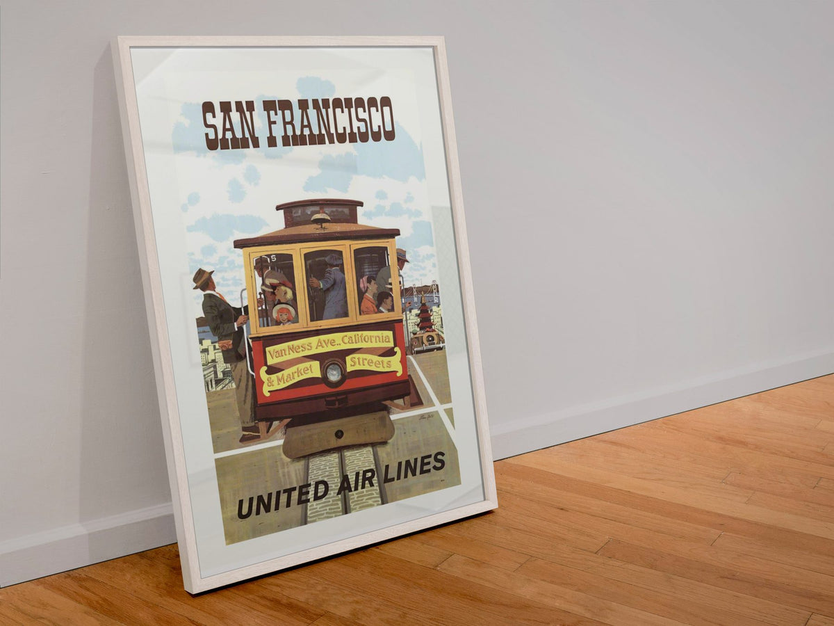 San Francisco Cable Car United poster in a white frame leaning against a wall