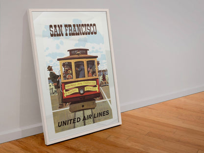 San Francisco Cable Car United poster in a white frame leaning against a wall
