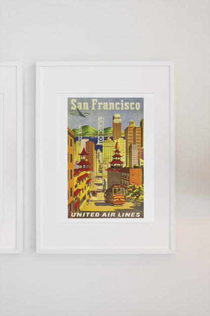 San Francisco United Air Lines 1950s poster on a light wall