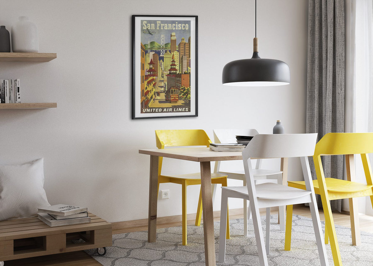 San Francisco United Air Lines 1950s poster framed above a dining table