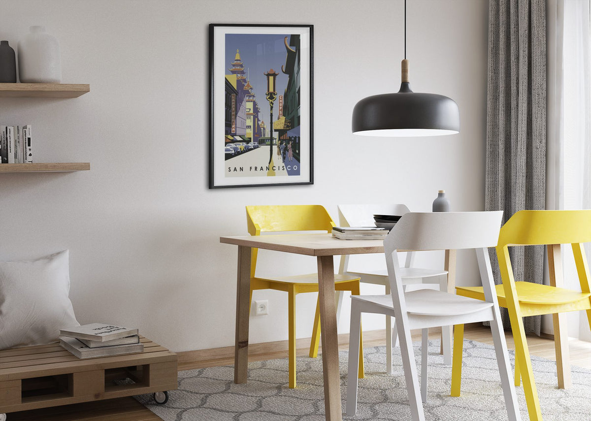 San Francisco Chinatown poster framed above a dining table