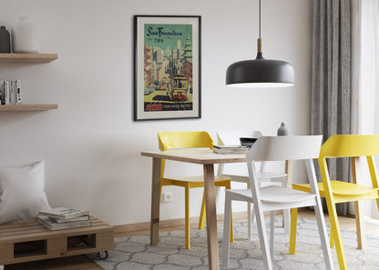 San Francisco Fly TWA Cable Car poster framed above a dining table