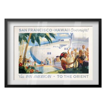 San Francisco to Hawaii Pan American poster in a black frame