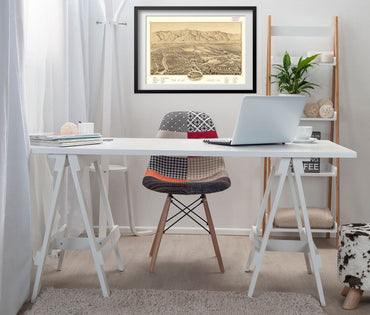 San Gabriel 1893 Panoramic Map framed above a white desk in a home office