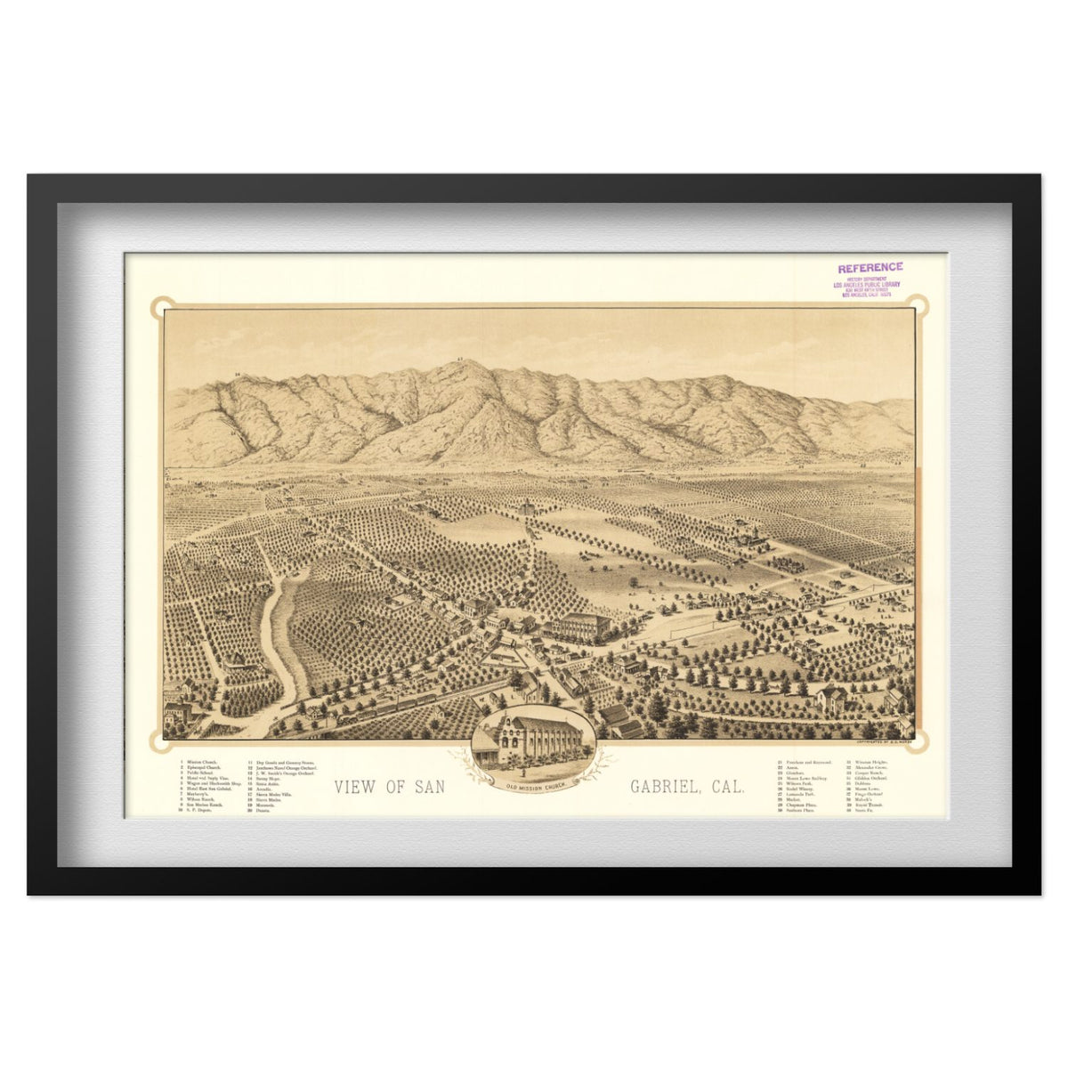 San Gabriel 1893 Panoramic Map print in a black frame