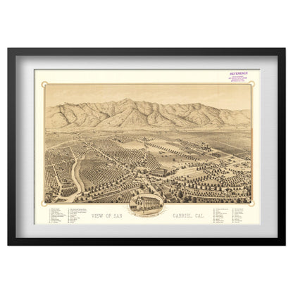 San Gabriel 1893 Panoramic Map print in a black frame