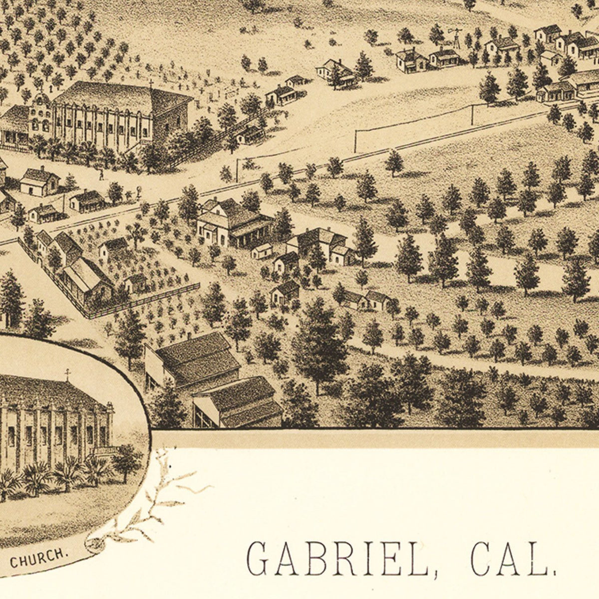 Close-up detail of the San Gabriel 1893 Panoramic Map print