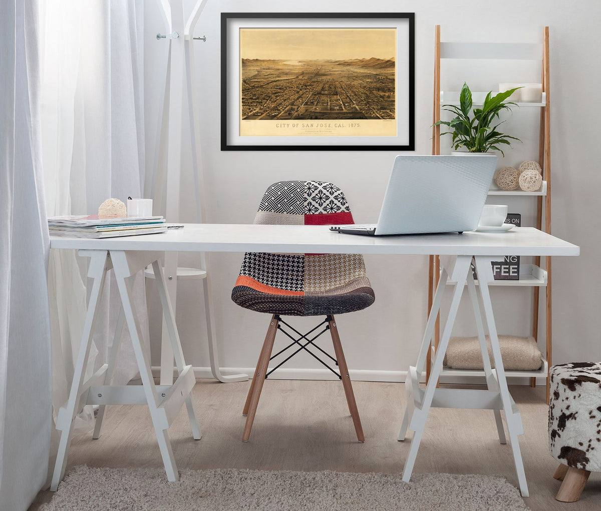 San Jose 1875 Panoramic Map framed above a white desk in a home office