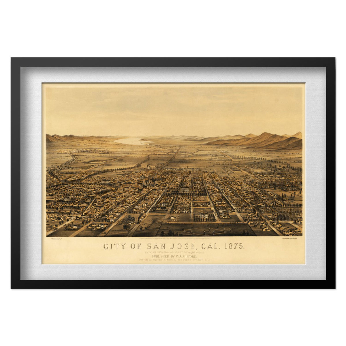 San Jose 1875 Panoramic Map print in a black frame
