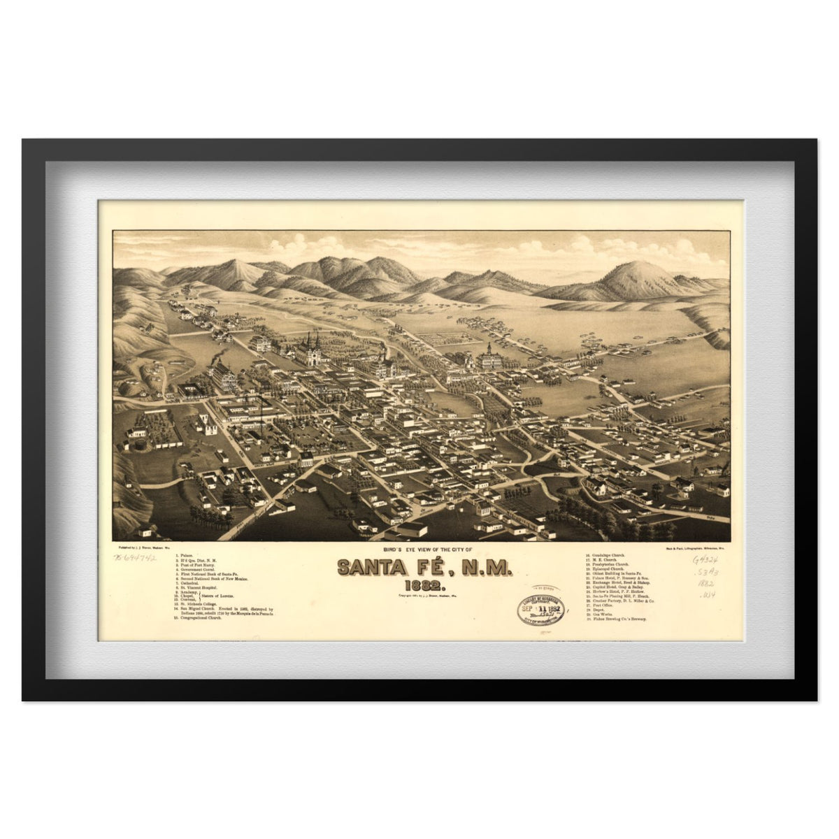 Santa Fe 1882 Panoramic Map print in a black frame
