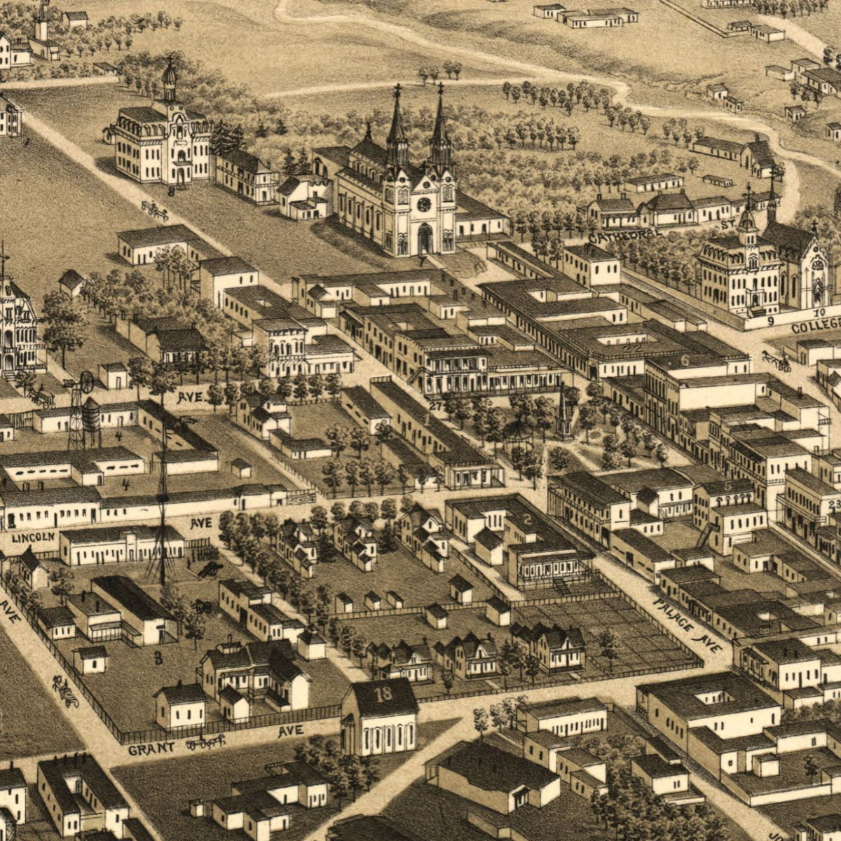 Close-up detail of the Santa Fe 1882 Panoramic Map print
