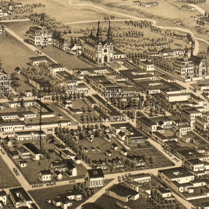 Close-up detail of the Santa Fe 1882 Panoramic Map print